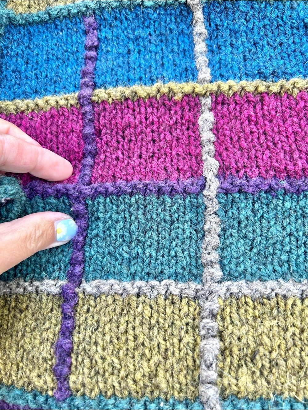 Artisan patchwork vibe boho wool knit sweater w cottagecore country prairie vibe - Picture 13 of 16